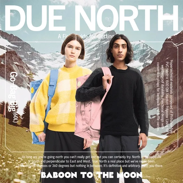 Due North: A field guide for getting lost. Image shows 2 models in new Blue Calcite and Pink Quartz bag styles.