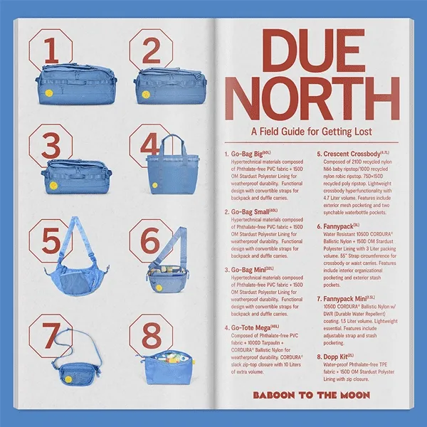 Due North. In 8 core styles from Go-Bags from Dopp Kits.