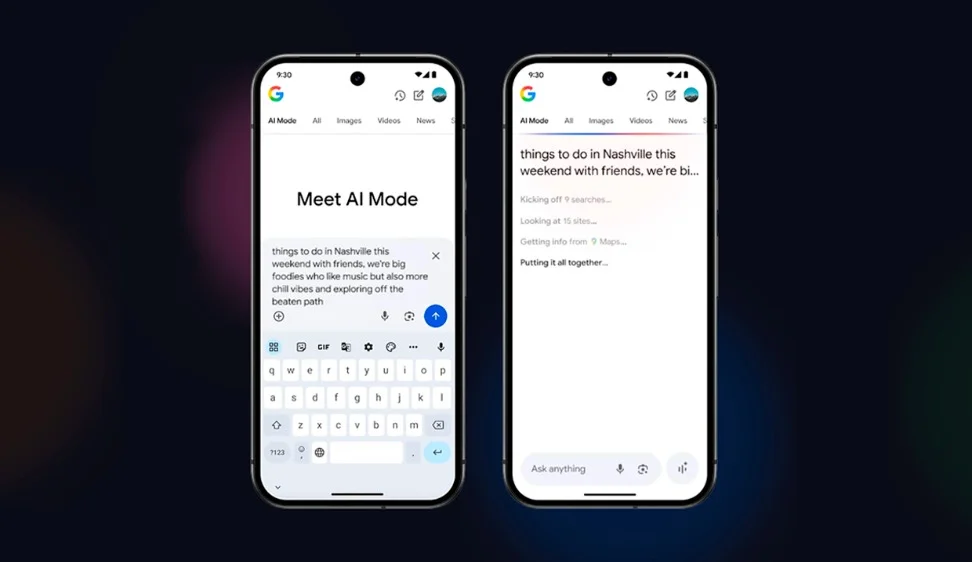 Two side-by-side smartphone screens demonstrate an AI search mode. The screen on the left shows a person typing a detailed, conversational search for things to do in Nashville. The screen on the right shows the AI actively processing the request, with animated text that reads Kicking off 9 searches and Putting it all together.