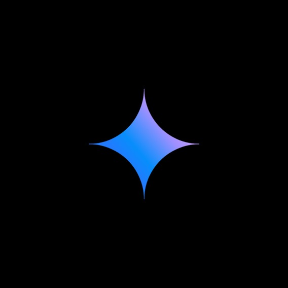 A four-pointed star with curved, soft points on a black background. The star is filled with a color gradient that transitions from blue to purple.
