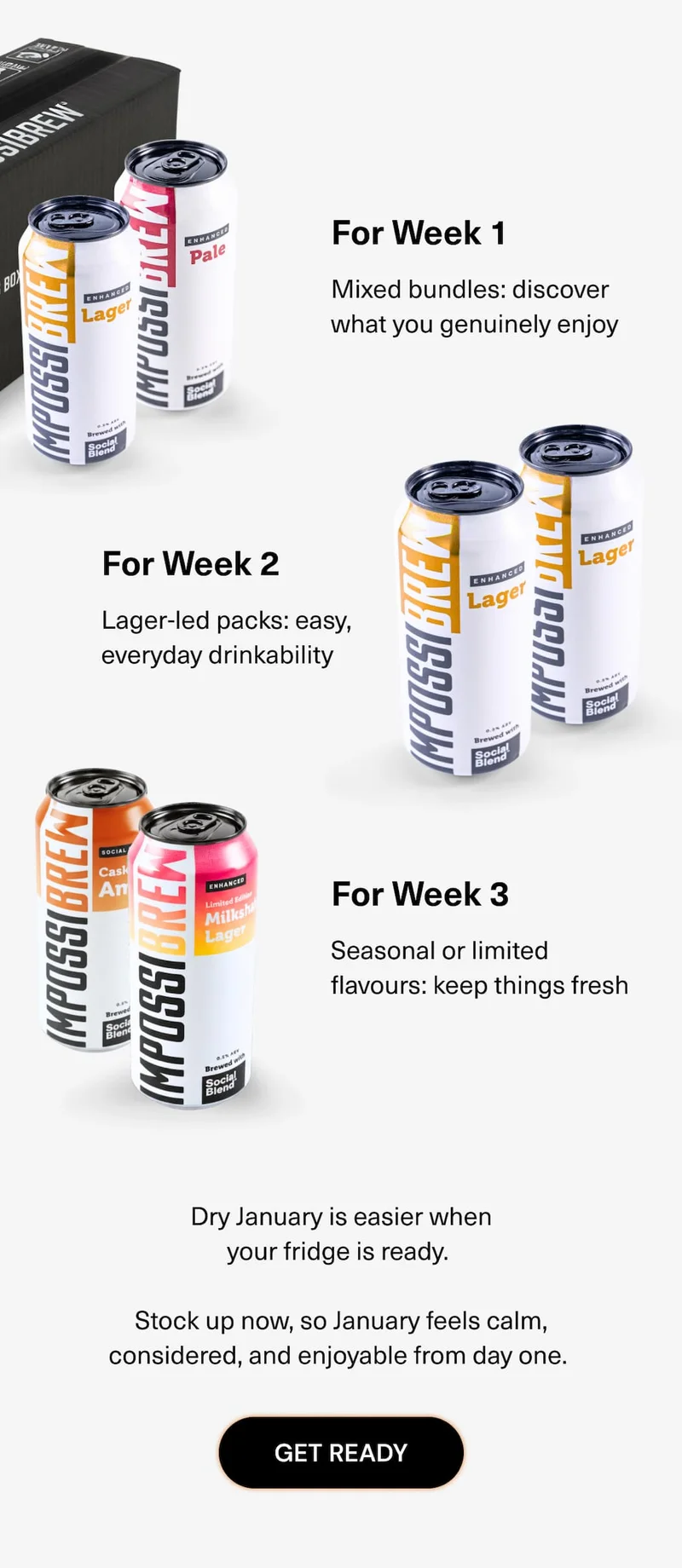What Helps Most (According to Our Community) For Week 1:  • Mixed bundles: discover what you genuinely enjoy For Week 2:  • Lager-led packs: easy, everyday drinkability For Week 3:  • Seasonal or limited flavours: keep things fresh