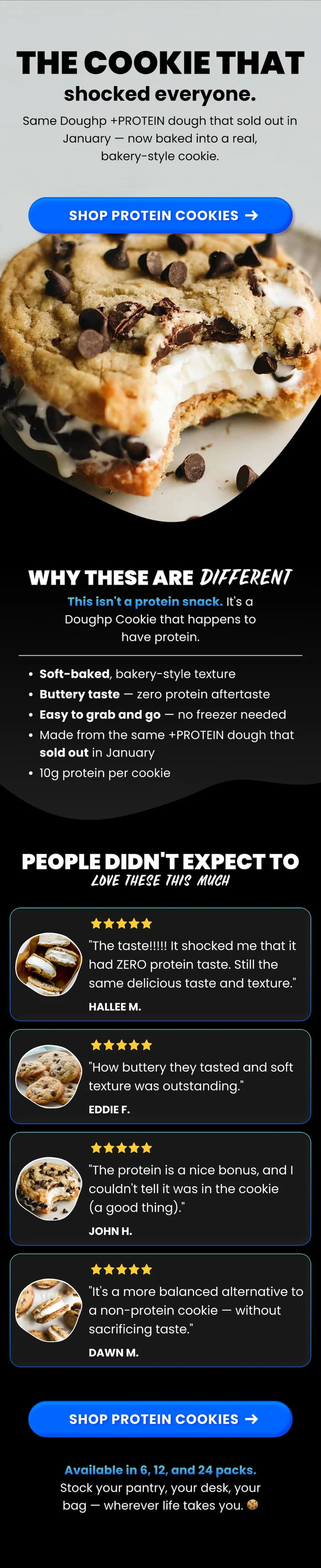 Image of a Ice Cream Cookie Sandwich with a CTA button that reads "Shop Protein Cookies"