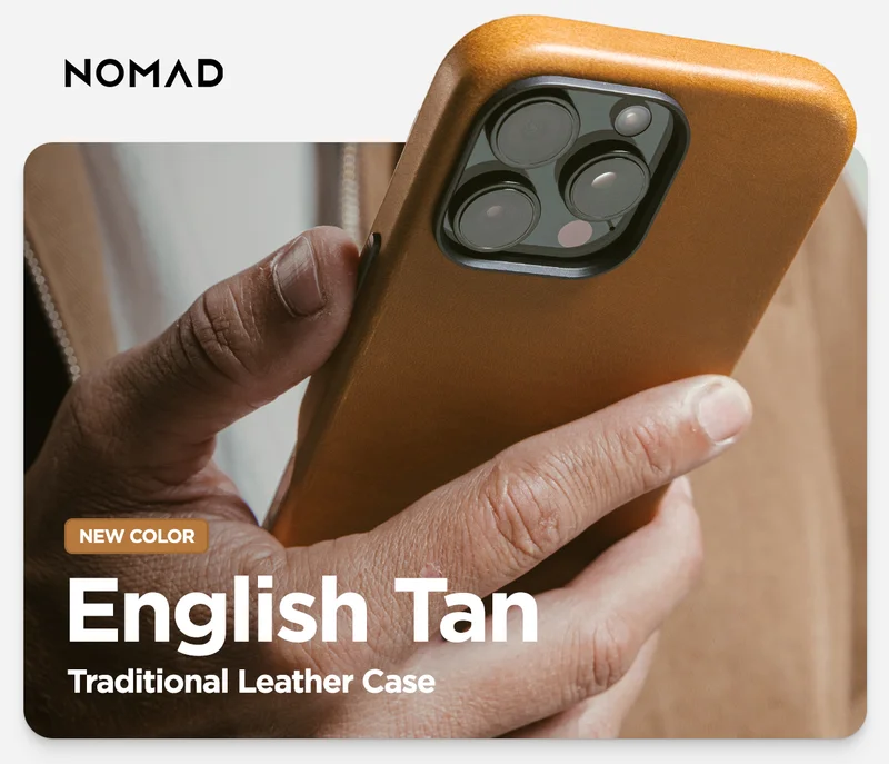 NOMAD | New Color | English Tan Traditional Leather Case for iPhone 16 Pro and Pro Max. Full Wrap leather iPhone case.
