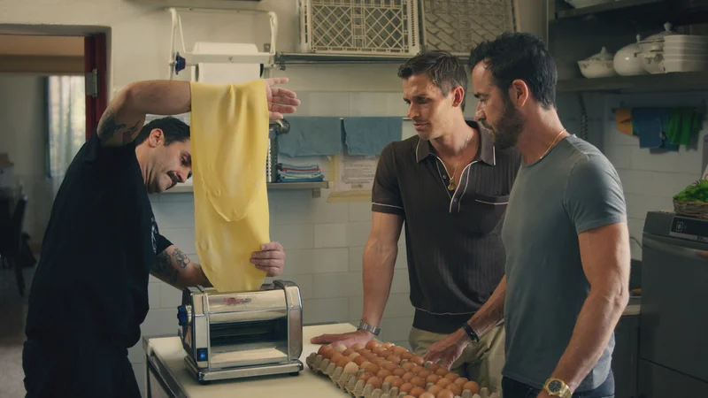 Fabio Delledone shows Antoni Porowski and Justin Theroux how to make tortelli at Ristorante Belrespiro.