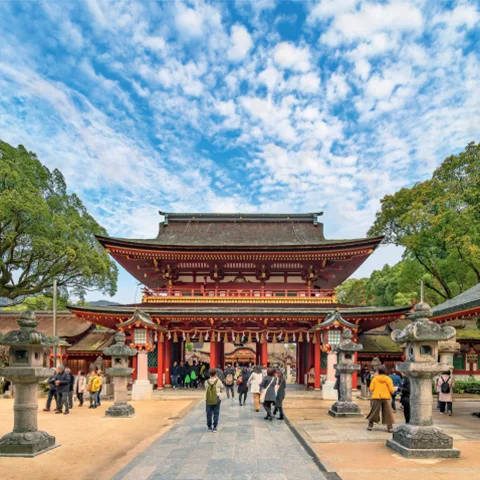 The intricately designed romon gate is the entryway to the Shinto shrine of Dazaifu Tenmangu.