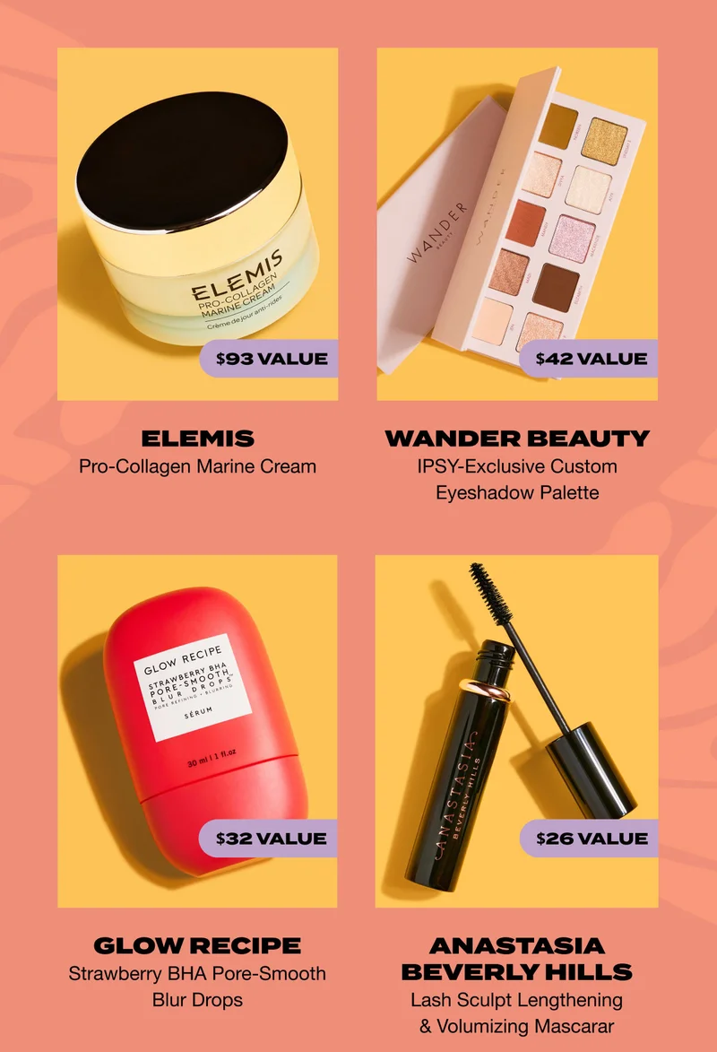 Elemis - Pro-Collagen Marine Cream | WANDER BEAUTY - IPSY-Exclusive Custom Eyeshadow Palette | GLOW RECIPE - Strawberry BHA Pore-Smooth Blur Drops | ANASTASIA BEVERLY HILLS - Lash Sculpt Lengthening & Volumizing Mascarar