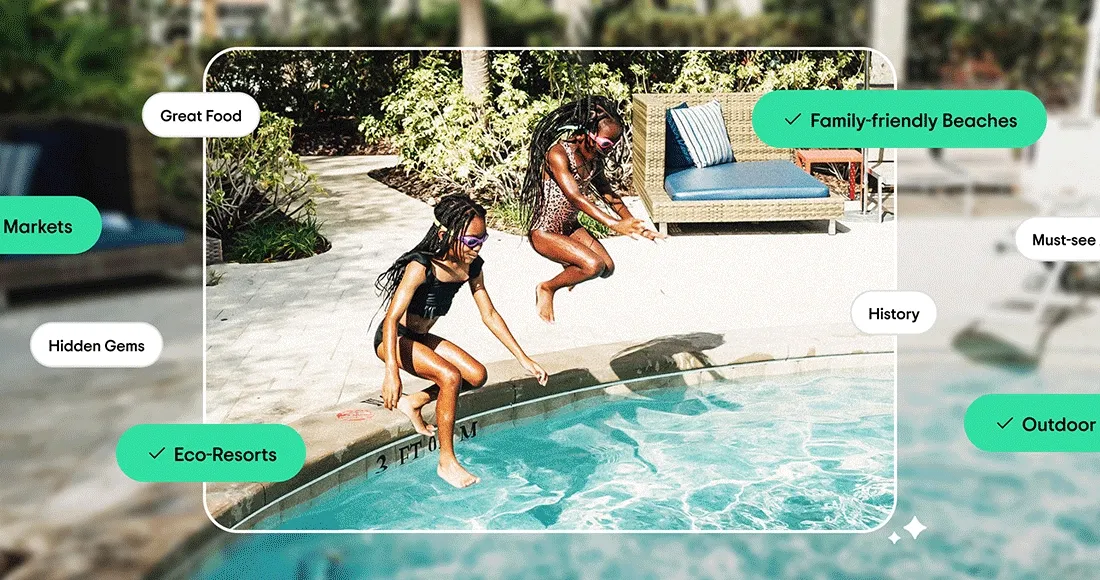 Image Description: Two girls jumping into a pool at a tropical resort. Various interests are floating on the image with “Eco-Resorts,” “Family-friendly Beaches,” “Outdoors,” and “Markets” selected in green. The image changes to an image of a man taking a woman’s photo on ancient steps. Various interests are floating on the image with “Aperitivo Culture,” “Shopping,” “Architecture,” and “Pizza” selected in green.
