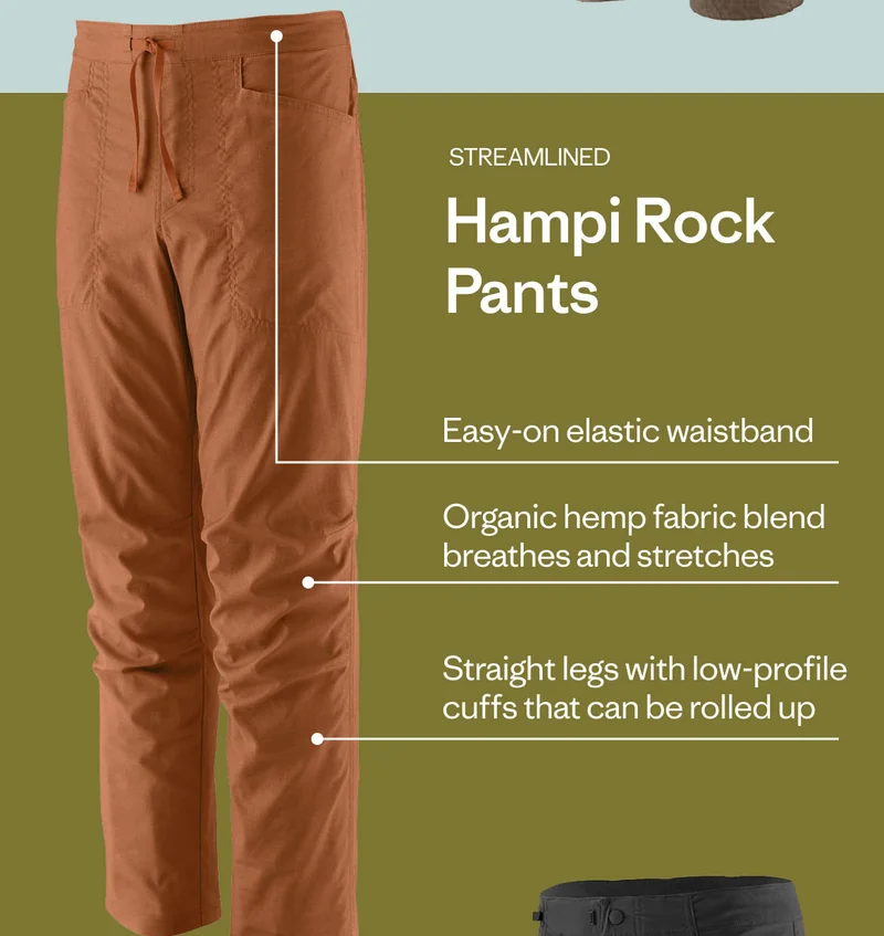 For streamlined comfort, the Hampi Rock Pants feature an easy-on elastic waistband, organic hemp fabric blend that breathes and stretches, and straight legs with low-profile cuffs that can be rolled up. Shop now.