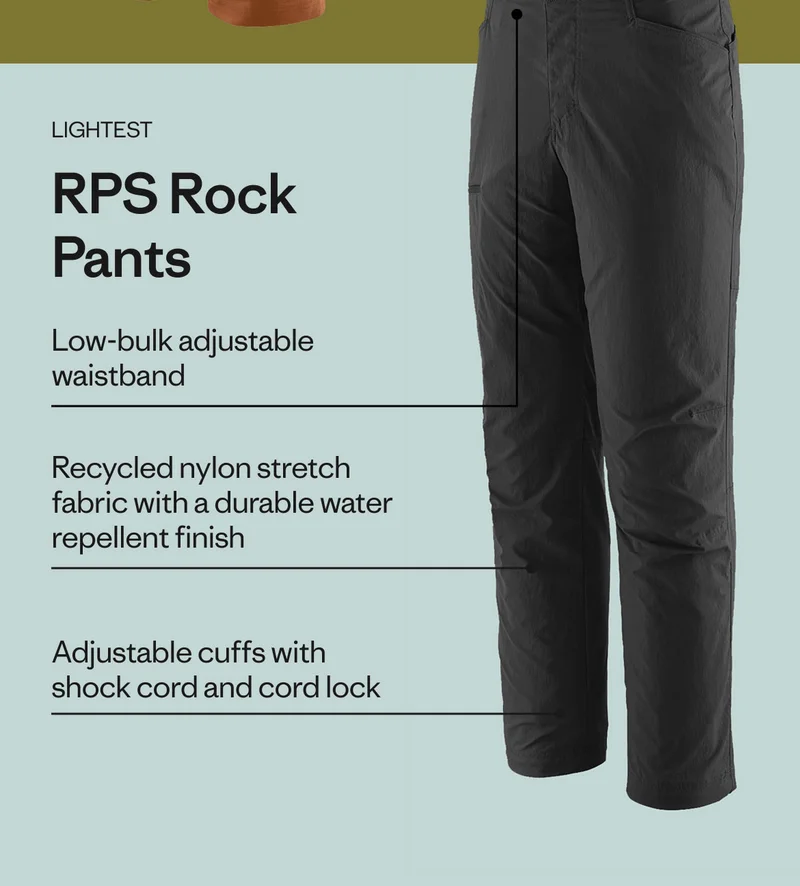 For lightweight durability, the RPS Rock Pants feature a low-bulk adjustable waistband, recycled nylon stretch fabric with DWR finish and adjustable cuffs with shock cord and cord lock. Shop now.