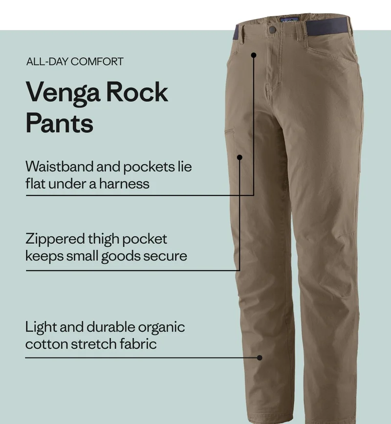 For all-day comfort, the Venga Rock Pants feature a waistband and pockets that lie flat under a harness, a zippered thigh pocket and light and durable organic cotton stretch fabric. Shop now.