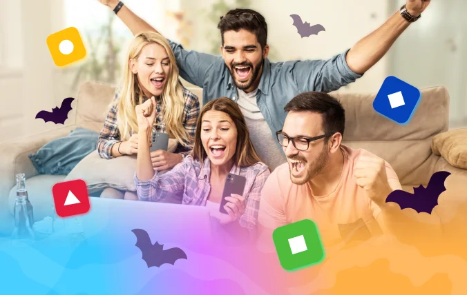 A group of friends playing Kahoot! with a Halloween theme