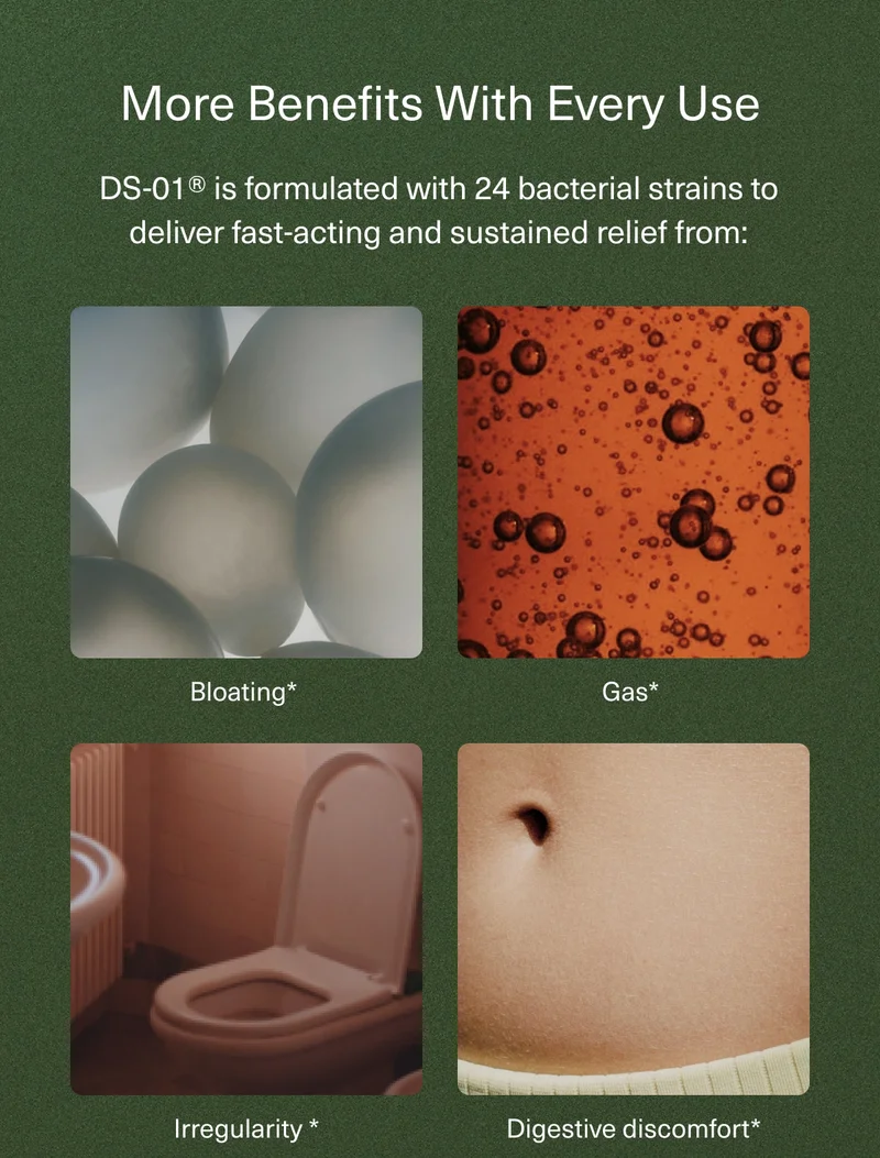 More Benefits With Every Use | DS-01® is formulated with 24 bacterial strains to deliver fast-acting and sustained relief from: Bloating* | Gas* | Irregularity * | Digestive discomfort*