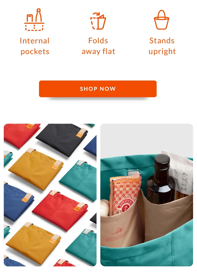 Folds flat Internal pockets Stands upright