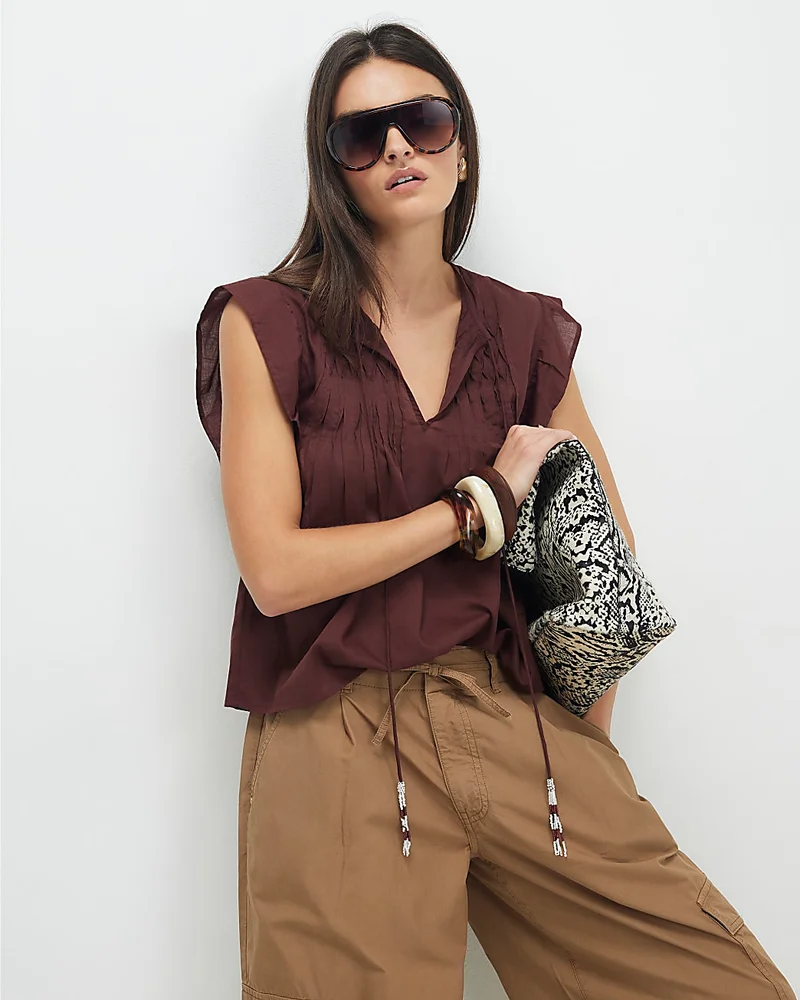 Womens Brown Shirred Tie Neck Top