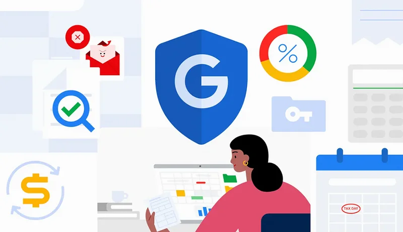 Illustration of a person at a computer surrounded by finance, tax, and security icons.