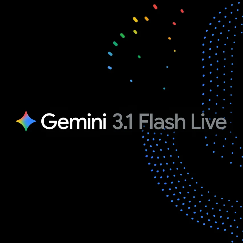 Gemini 3.1 Flash Live text with a multicolored star icon and abstract patterns on a black background.