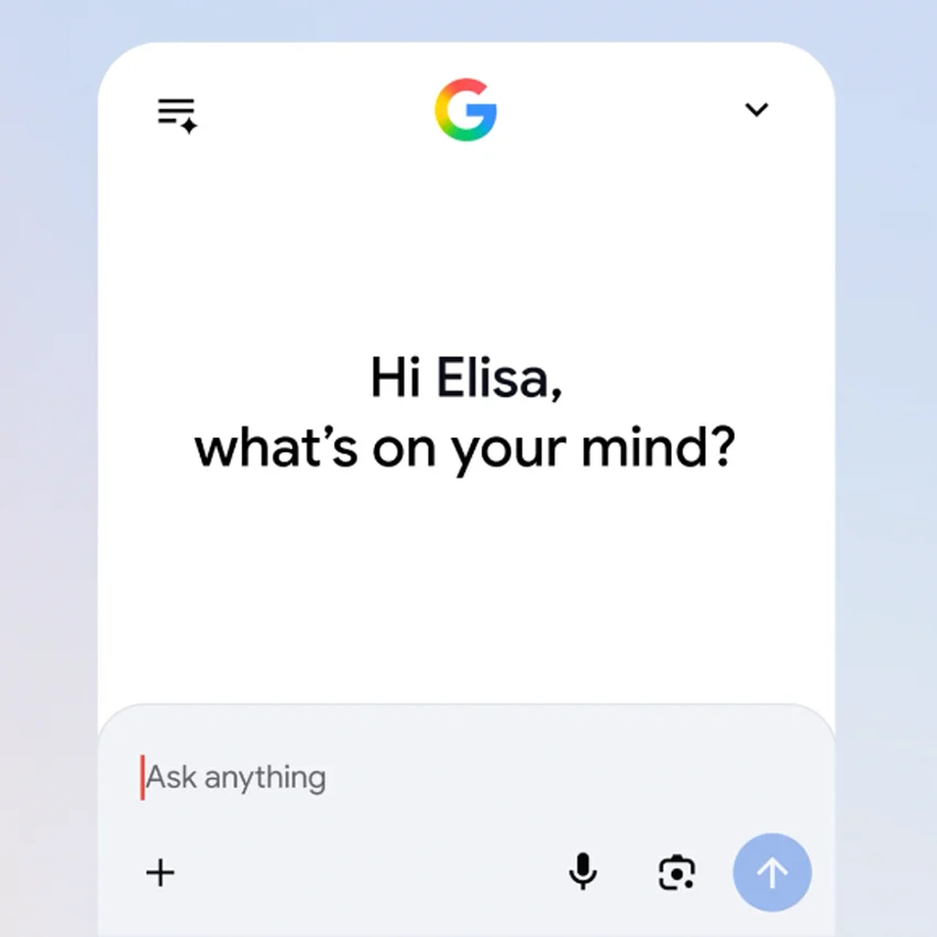 Google interface greeting 'Hi Elisa' with an 'Ask anything' input field.