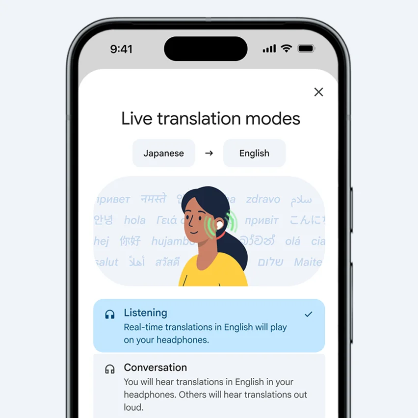 Smartphone translation app interface showing Japanese to English in 'Listening' mode with an illustration of a woman using an earbud.