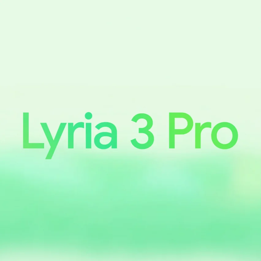 Bright green text reading 'Lyria 3 Pro' centered on a soft, blurred light green and white gradient background.