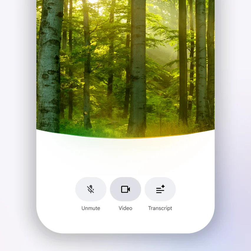 A sunlit green forest scene above a white interface panel with three circular buttons labeled Unmute, Video, and Transcript.