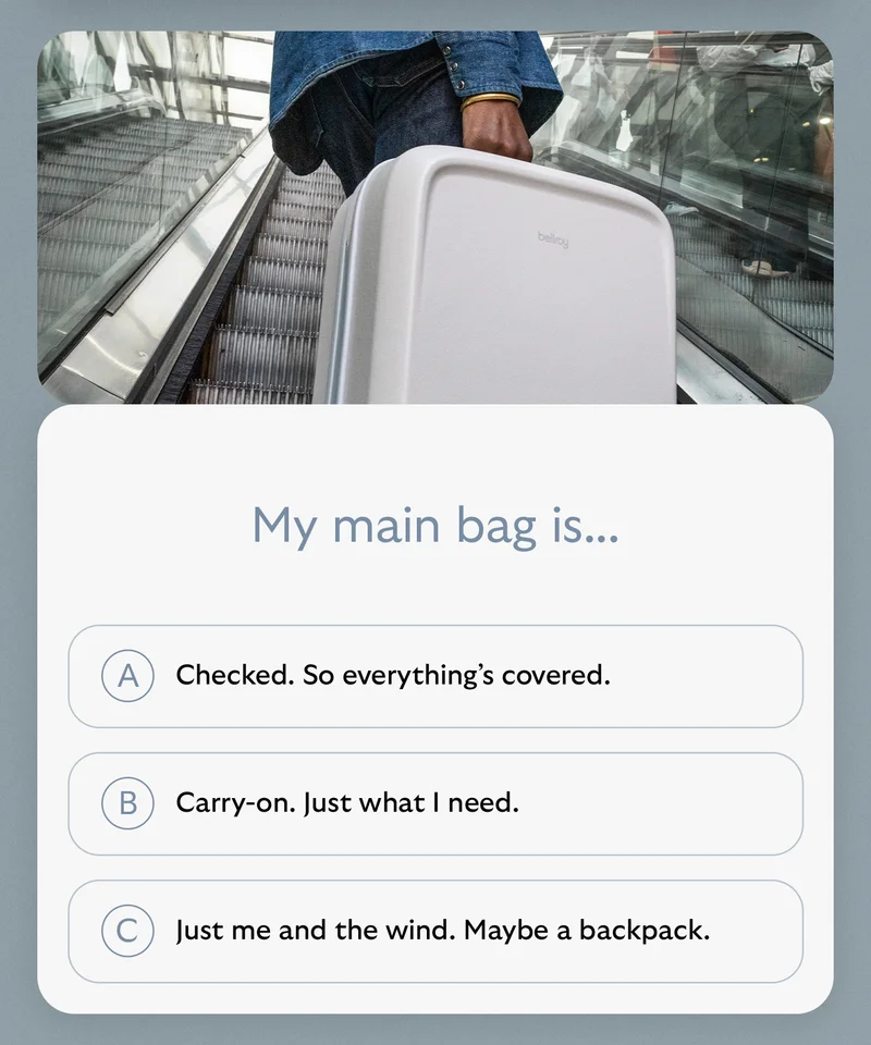 [Header] On-the-go + Off-the-clock. Sorted. [Blurb] Equally at home in the rush and the unwind, this streamlined combo is organized for movement. [CTA] TRANSIT CARRY SET
