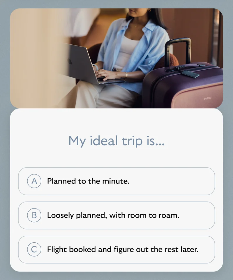 [Header] On-the-go + Off-the-clock. Sorted. [Blurb] Equally at home in the rush and the unwind, this streamlined combo is organized for movement. [CTA] TRANSIT CARRY SET
