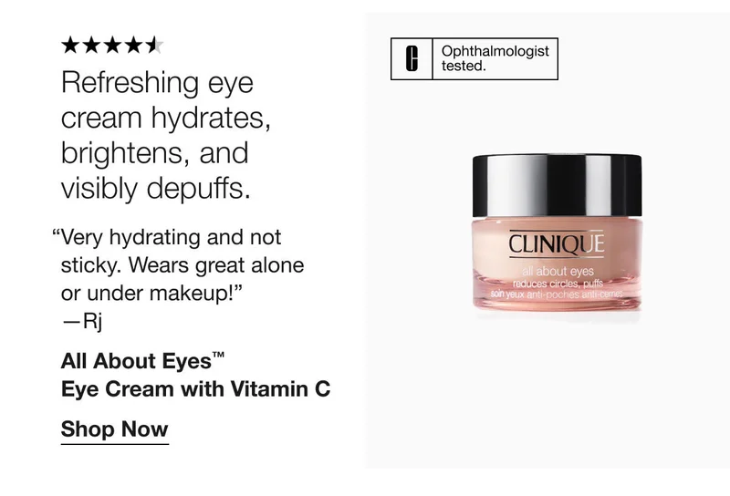 Ophthalmologist tested. | Refreshing eye cream hydrates, brightens, and visibly depuffs. | “Very hydrating and not sticky. Wears great alone or under makeup!” —Rj | All About Eyes™ Eye Cream with Vitamin C | Shop Now