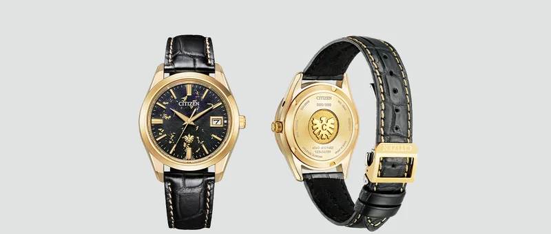 The Citizen watch elegantly displayed showcasing the embossed caseback and leather strap.