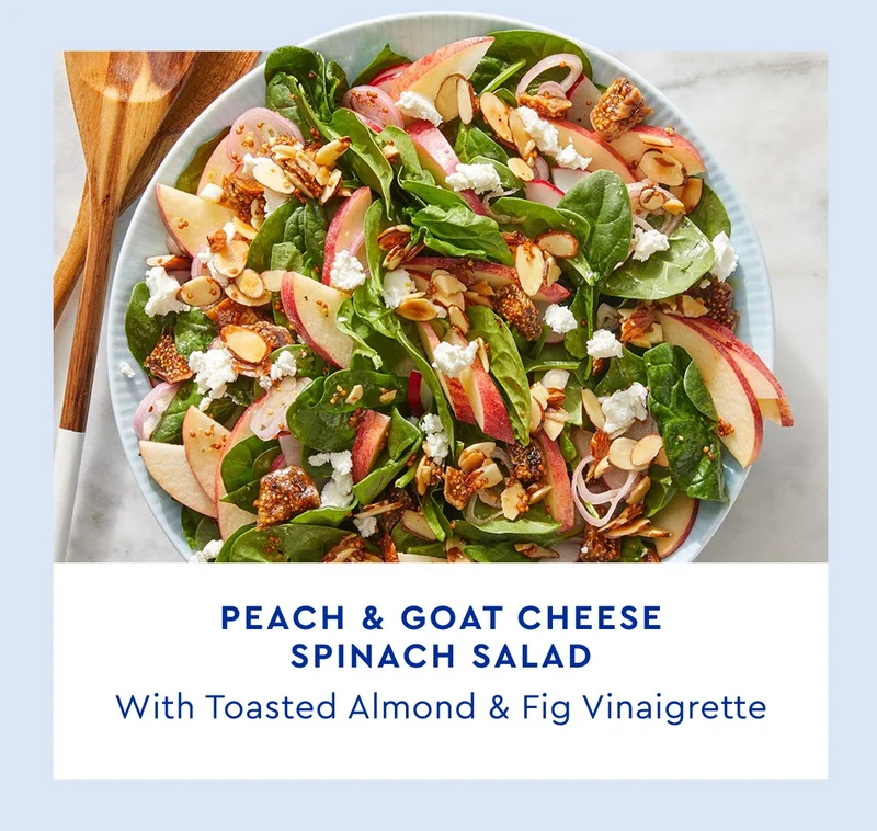 Peach & Goat Cheese Spinach Salad with toasted almond and fig vinaigrette | ORDER NOW