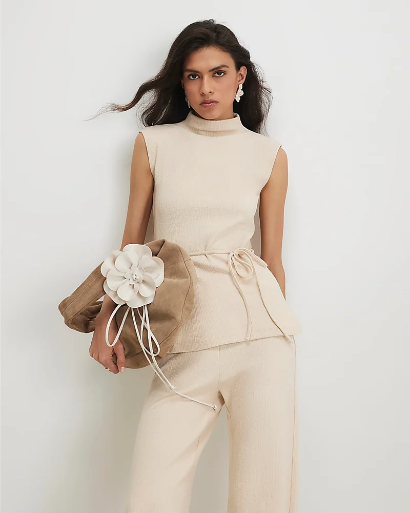 Womens Beige Cotton Blend Textured Tie Belt Top