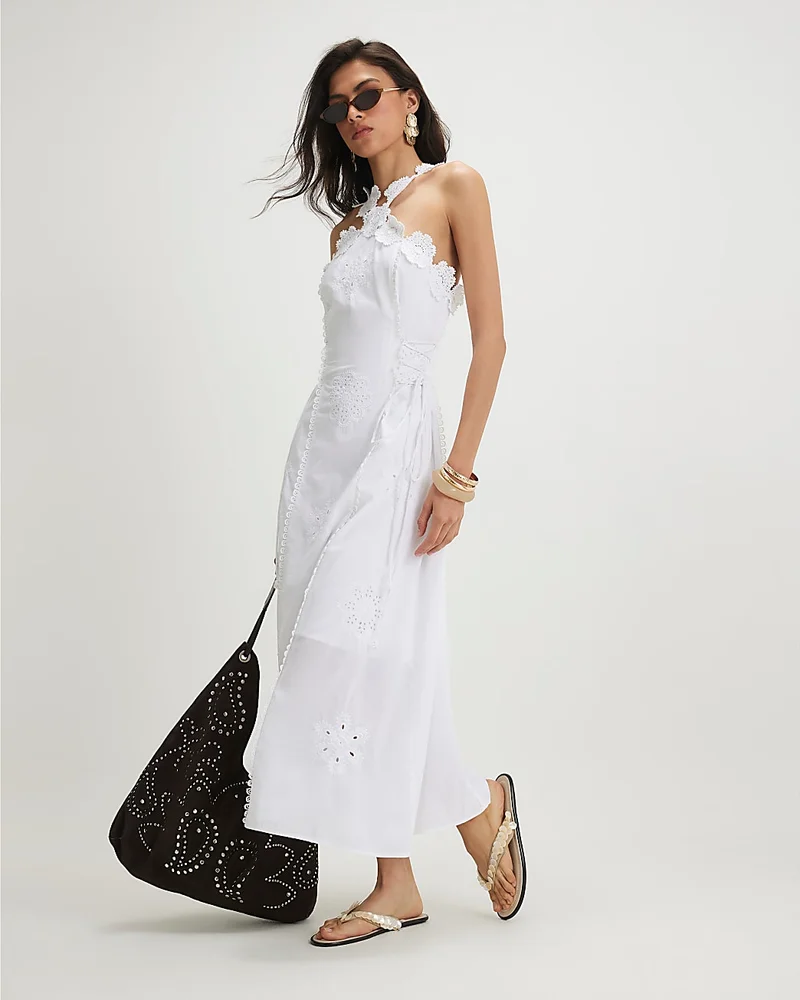 Womens White Cotton Crochet Motif Midi Dress