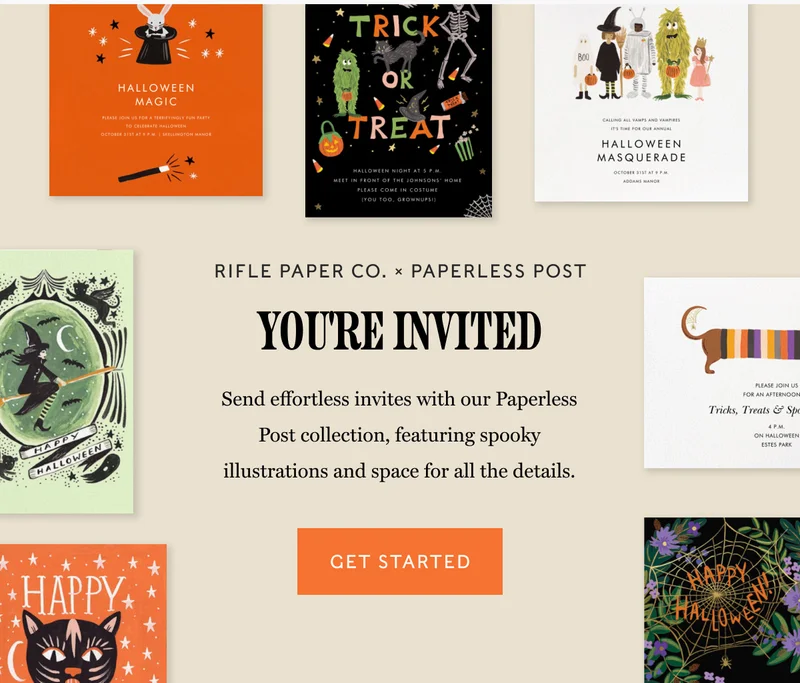RIFLE PAPER CO. * PAPERLESS POST YOU'RE INVITED LOWEE Send effortless invites with our Paperless Post collection, featuring spooky illustrations and space for all the details. - Get Started