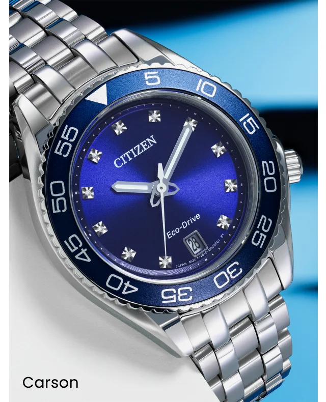 Closeup of the women's Carson blue dial with diamond accents