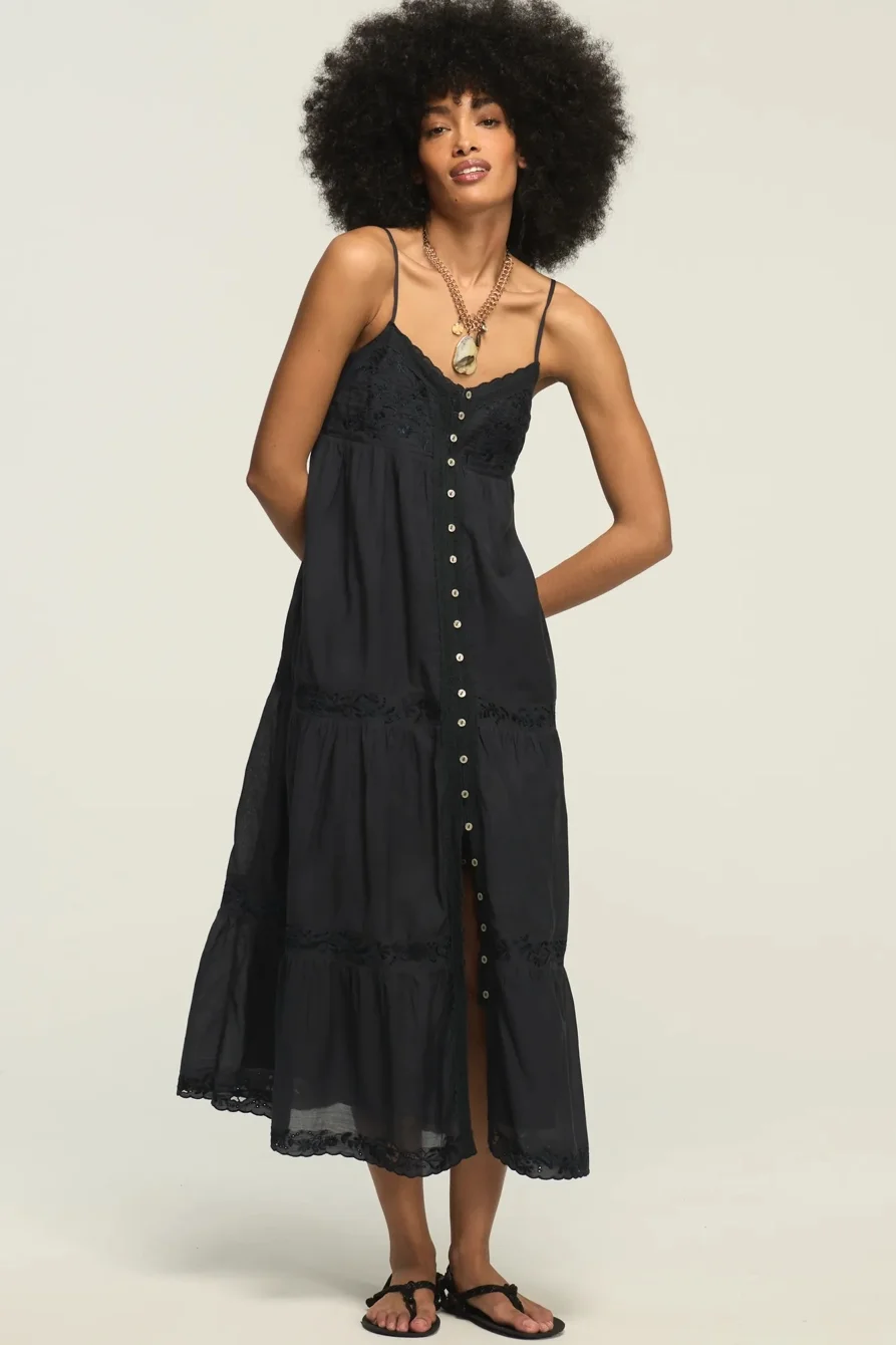 Image of Lucky Brand Embroidered Tiered Button Through Midi Dress - Women's Clothing Dresses Shirt Midi Dress in India Ink