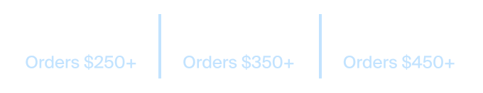 15% off orders of $250+. 20% off orders of $350+. 25% off orders of $450+.