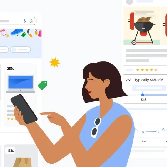 Illustration showing a woman browsing items on a mobile phone.