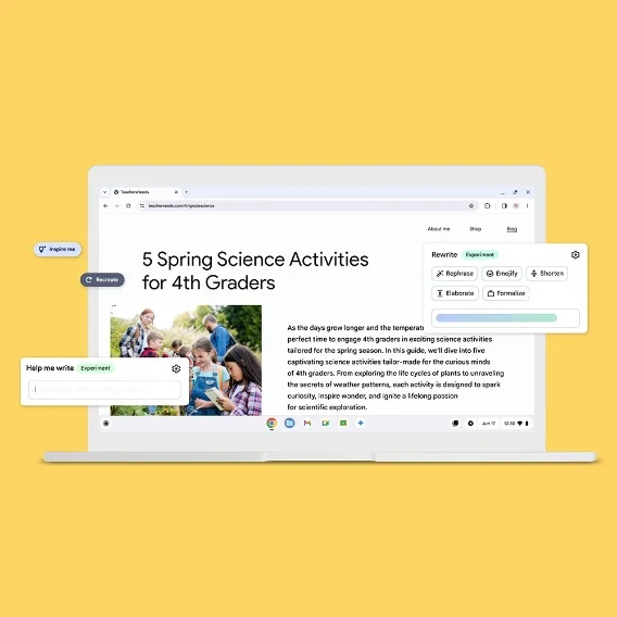 A Chromebook open against a yellow background. Abstract images of AI features are popped out against a file on the screen that reads “4 Spring Science Activities for 4th Graders.”