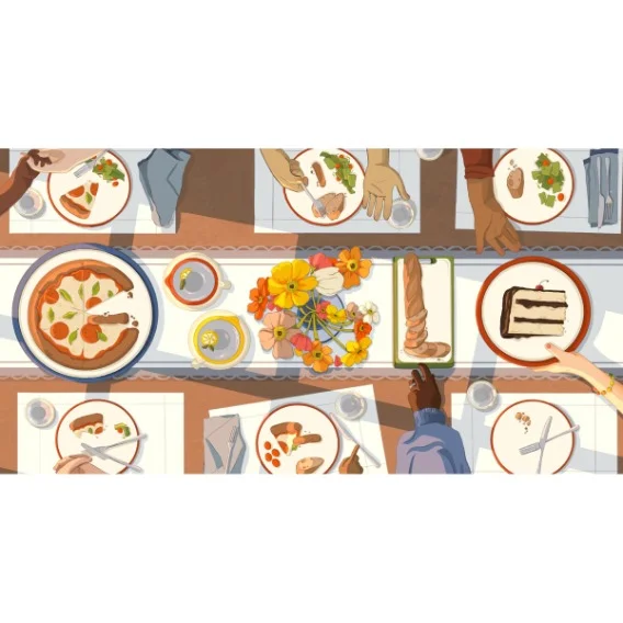 An illustration of an overhead view of a table set with plates and food. People are sitting at the table out of view as their hands reach to grab items from the table. Food items on the table subtly spell out “Google.”