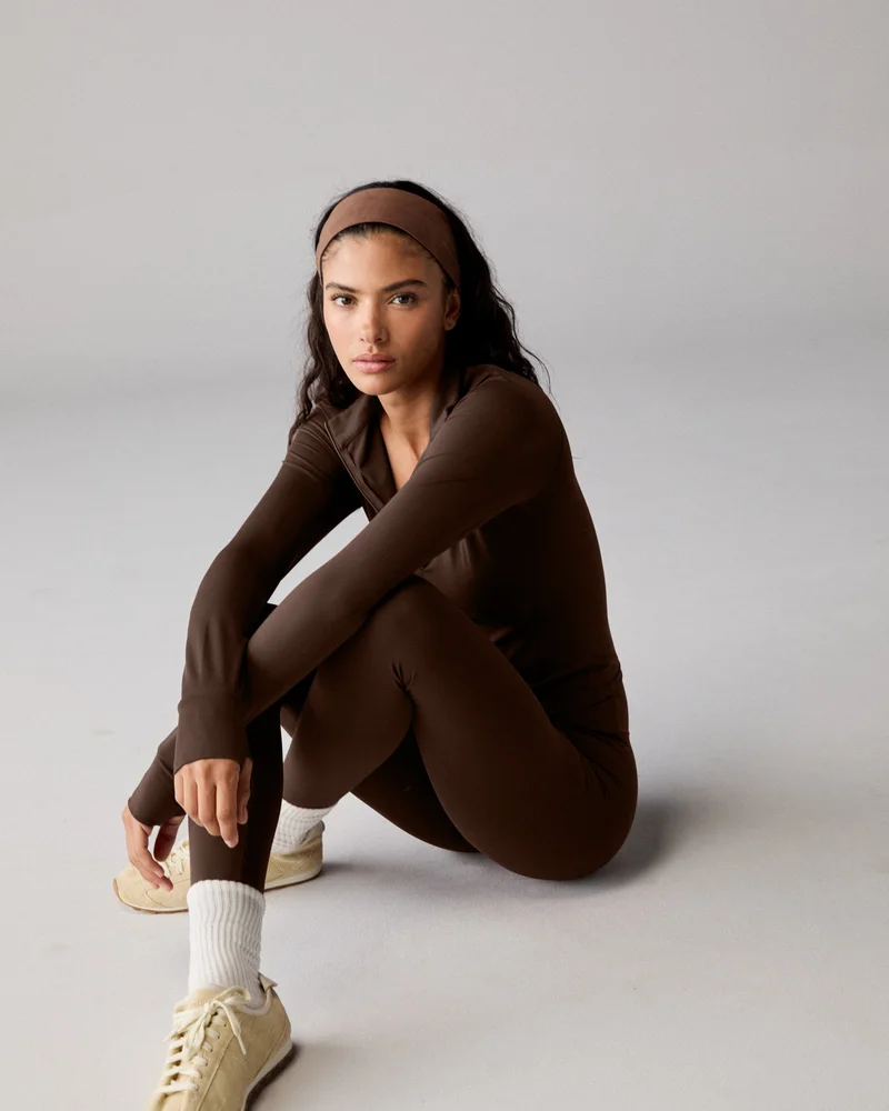 Ultimate Long Sleeve Seam Detail Zip Up Top - Chocolate Brown