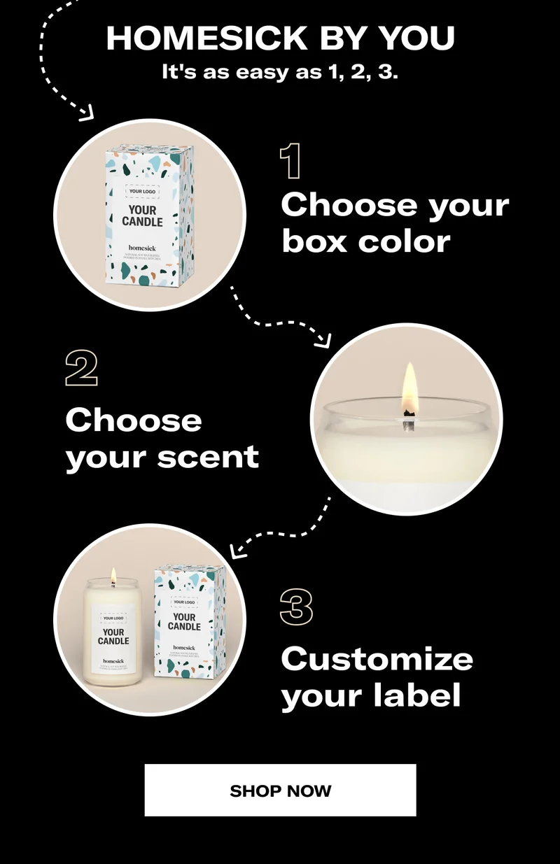 Homesick by you | It's as easy as 1, 2, 3. | Choose your box color | Choose your scent | Customize your label | Shop now