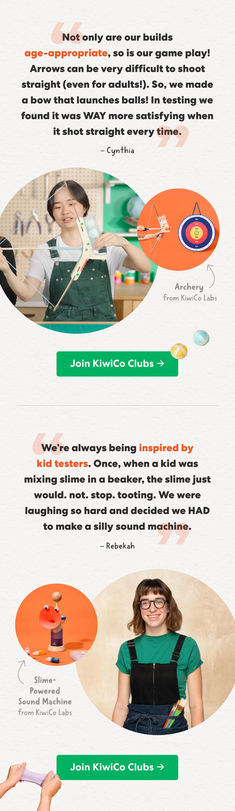 KiwiCo product designers share fun secrets while holding projects. Below, a child demonstrates a KiwiCo archery project, launching a foam-tipped arrow. Green button encourages users to join KiwiCo Clubs