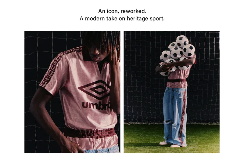 Umbro heritage collection: pink football jersey, streetwear jeans, and base layer. Models with soccer balls on turf.