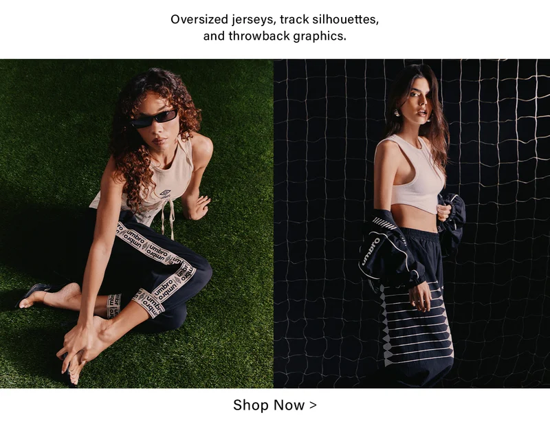 Umbro women's collection: oversized track silhouettes & throwback graphics. Shop crop tops, track pants & jackets.