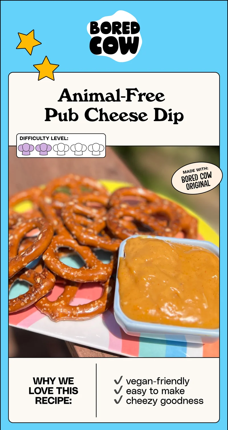 Animal-Free Pub Cheese Dip. Made with: Bored Cow Original. Why we love this recipe: vegan-friendly, easy to make, cheezy goodness.