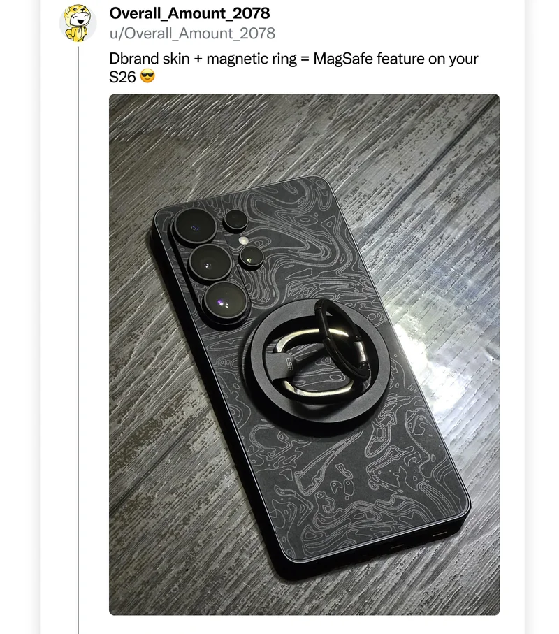 u/Overall_Amount_2078 on Reddit: "dbrand skin + magnetic ring = MagSafe feature on your S26"