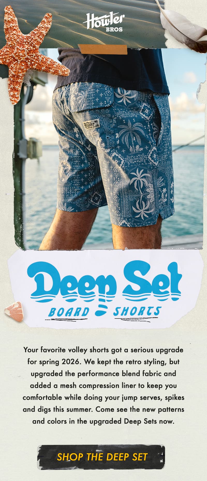 Your favorite volley shorts got a serious upgrade for spring 2026. We kept the retro styling, but upgraded the performance blend fabric and added a mesh compression liner to keep you comfortable while doing your jump serves, spikes and digs this summer. Come see the new patterns and colors in the upgraded Deep Sets now.