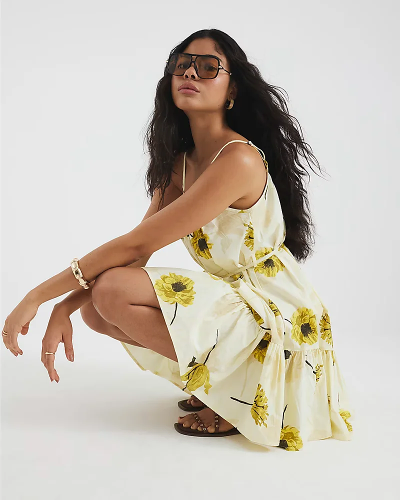 Yellow Floral Sleeveless Ruched Mini Dress