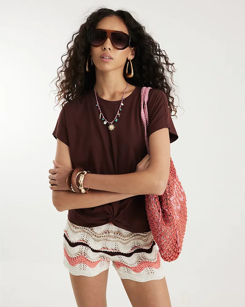 Brown Short Sleeve Twist Front T-shirt