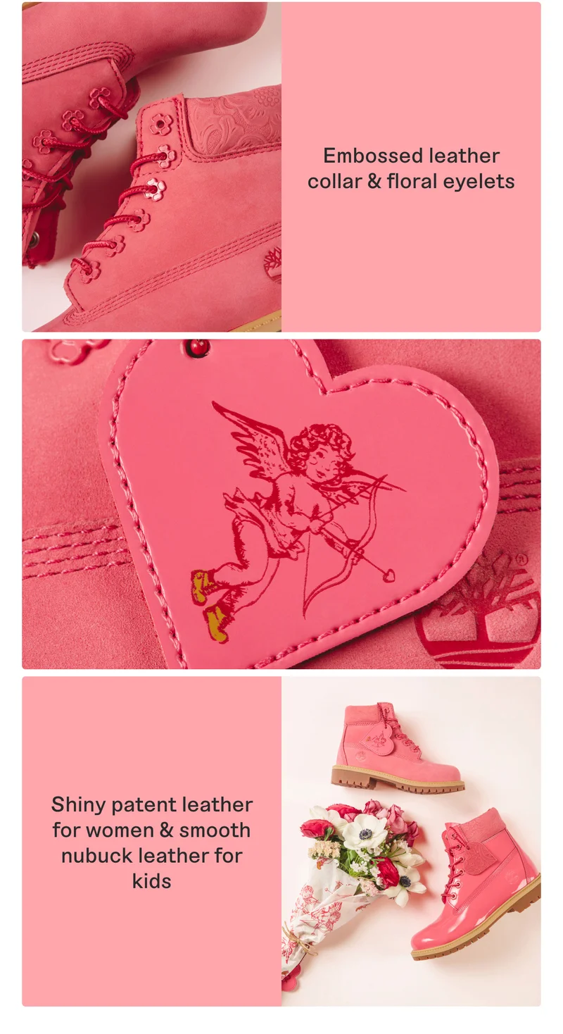 Embossed leather collar & floral eyelets. Shiny patent leather for women & smooth nubuck leather for kids.