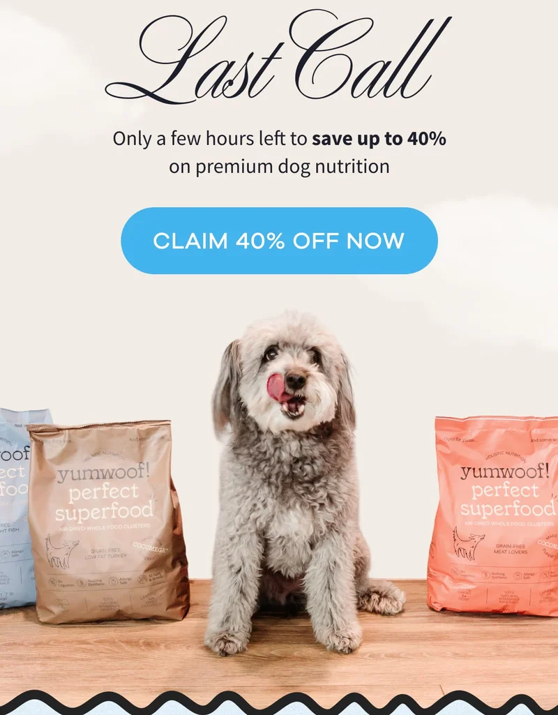 Last Call | Only a few hours left to save up to 40% on premium dog nutrition | CLAIM 40% OFF NOW